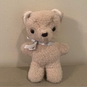 VTG Beige Teddy Bear With Button Eyes And Blue Bow